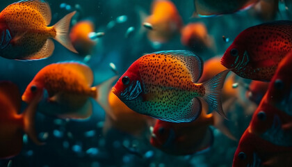 Sticker - Vibrant school of clown fish swimming in tropical reef background generated by AI