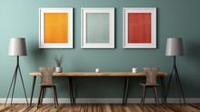 Three Blank Colored Picture Frame Mockups On A Tea Green Wall. Square Orientation. Templates Chic Minimalist, Loft New York Style. Interior Design With Copy Space. Mockup Of Empty Framed Posters