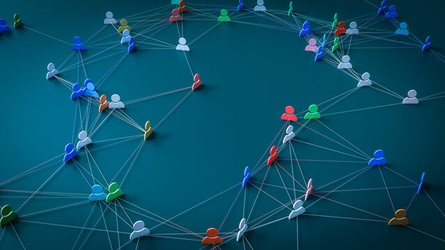 A concept that expresses the hyper-connected society of modern society by connecting people icons with lines, 3d rendering