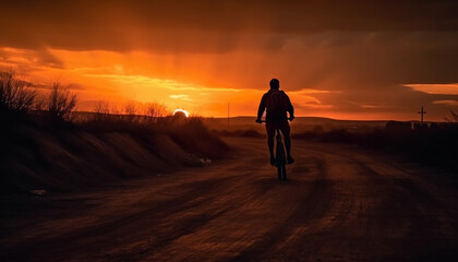 Poster - Silhouette of one person cycling in back lit dusk outdoors generated by AI