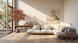 Fototapeta  - Modern luxury spacious penthouse living room interior design with comfortable sofa, coffee table
