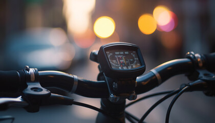 Poster - Night cycling adventure Speeding through city traffic on shiny bicycle generated by AI