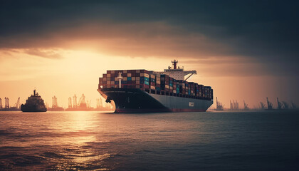 Sticker - Container ship carrying heavy cargo unloading at commercial dock at dusk generated by AI