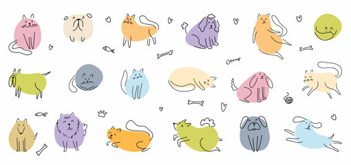 vector set of funny cats and dogs in different poses and different breeds, hand-drawn in the style o