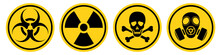 Set Hazard Danger Yellow Vector Signs. Radiation Sign, Biohazard Sign, Toxic Sign, Gas Mask.