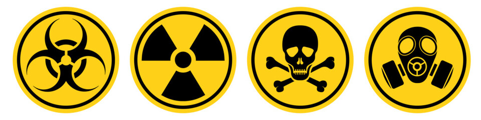 set hazard danger yellow vector signs. radiation sign, biohazard sign, toxic sign, gas mask.