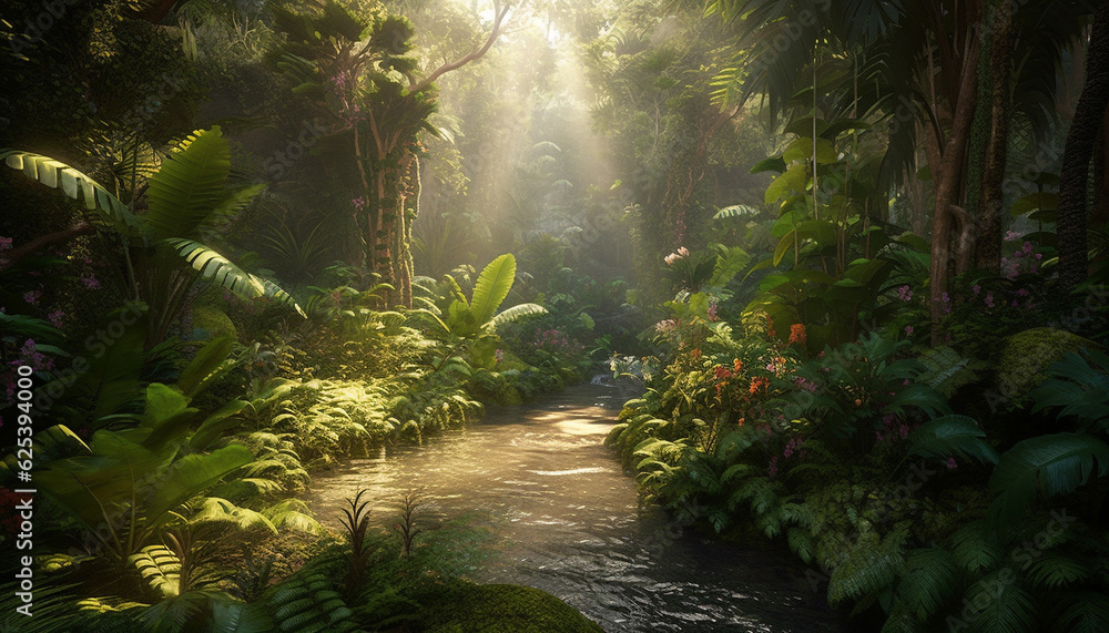 Tranquil scene of a tropical rainforest with lush green foliage ...