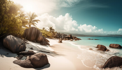 Poster - Tranquil seascape tropical palm trees, rocky coastline, serene waters generated by AI