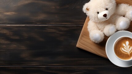 a flat-lay view of a cup of hot latte with a pretty foam pattern on top with a soft toy next to it.