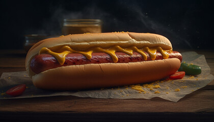 Poster - Grilled hot dog meal with gourmet beef, pork, and ketchup generated by AI