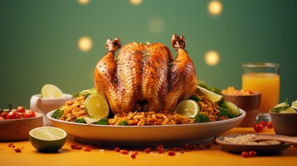 Wall Mural - Happy Thanksgiving with Roasted Chicken, Traditional Food for Celebrating Turkey Christmas Dinner. Generative Ai