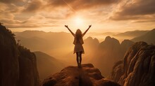 A Woman On Top Of The Mountain With Arms Open To A Welcoming New Day With Sunrise Success. Successful Women Have Attained Peaks Of Personal Growth And Development. Generative Ai