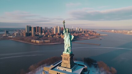 Aerial view of famous place Beautiful landmark the Statue of Liberty in new york USA . Generative Ai.