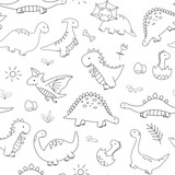 Fototapeta Dinusie - Seamless pattern with cute little baby dinosaurs. Vector outline monochrome doodle illustrations