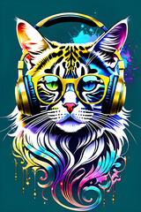 Wall Mural - dj cat with headphones and sunglasses t-shirts design Created with generative AI tools