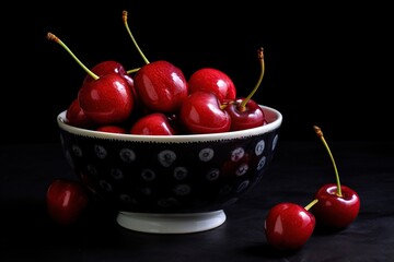 Illustration of a bowl and cup with sweet cherries on a black background.Generated with AI