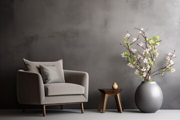 Poster - A real image showcasing a natural living room interior, featuring a wide view of an armchair and a gray sofa, accompanied by beautiful flowers.