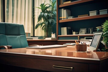 A blurry personal office desk converted into a bosss office room, perfect as a background for online meetings, educational meetings, or office meetings.