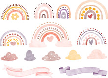 Watercolor Illustration Set Of Boho Rainbow Clouds And Ribbon Banner