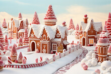 Gingerbread Village With Cute Cookie Houses. Generative AI