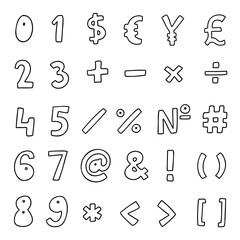simple black special mathematical and other symbols and signs font 0 to 9. vector illustration in ha
