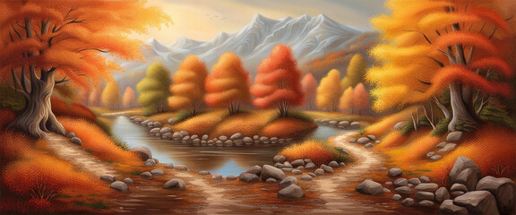 A landscape of yellowish trees and a mountain river with stones in the season of autumn - Generative AI Technology