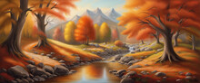 Banner Landscape Autumn Forest Near The River, Orange Leaves Landscape Of Yellowish Trees And Mountain River With Stones In The Season Of Autumn. Generative AI Technology. High Quality 
