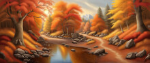 Autumn Forest Banner. Autumnal Nature Landscape, Yellow Forests Trees And Woodland Fall Leaves. October Foliage Fall Autumnal Scene, September Park Tree And River . Generative AI Technology