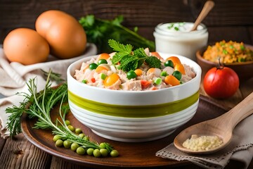 Wall Mural - Create an AI-generated image capturing the vibrant colors and textures of a delectable Russian salad with cheese, highlighting the freshness of the ingredients in a visually appetizing composition.