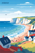 France Etretat village ocean shore landmarks view brochure. Colorful beach summer vector flat poster for Normandy region with nature