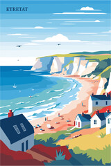 Wall Mural - France Etretat village ocean shore landmarks view brochure. Colorful beach summer vector flat poster for Normandy region with nature