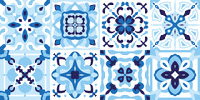 Ceramic Tiles Set In Blue Cobalt Color. Subtle Majolica, Spanish Pattern, Portuguese Patchwork Ornaments, Decorative Pottery Design, Vector Illustration For Floor, Wall, Kitchen Interior, Textile