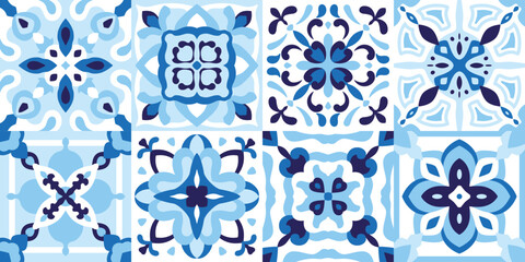 Ceramic tiles set in blue cobalt color. Subtle majolica, Spanish pattern, Portuguese patchwork ornaments, decorative pottery design, vector illustration for floor, wall, kitchen interior, textile
