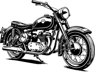 Retro motorcycle, black and white detailed vector illustration isolated without backdrop, chopper. Icon of a stylish vintage motorbike with details for decoration and design without a background 
