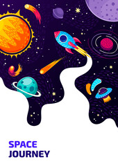 Wall Mural - space flyer. cartoon spaceship, ufo and space stars, galaxy planets, comets and meteors with vector 