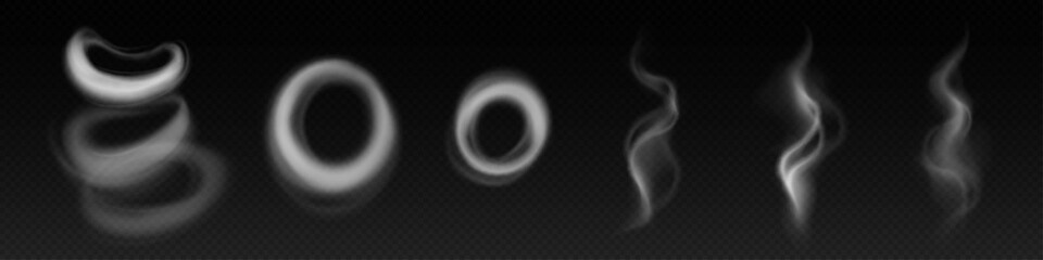 Wall Mural - smoke steam circle ring vector cloud effect. 3d realistic vape or hookah fog line swirl art. magic t