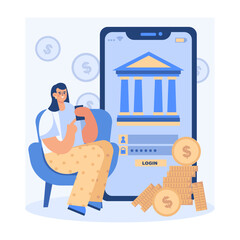 Wall Mural - Female login in bank account via smartphone. Successful financial transactions online. Personal account of payer. Online banking concept. Flat vector illustration in blue and yellow colors