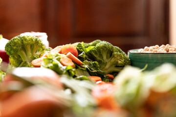 Healthy vegan food. Fresh vegetables on wooden background.