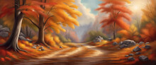 Autumn Forest Banner. Autumnal Nature Landscape, Yellow Forests Trees And Woodland Fall Leaves. October Foliage Fall Autumnal Scene, September Park Tree And River . Generative AI Technology