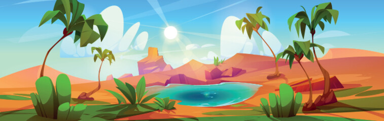 Wall Mural - Cartoon desert oasis with lake and palm trees. Vector illustration of sandy landscape with dunes, green tropical plants, blue water in pond, hot sun shining in sky with clouds. Travel game background