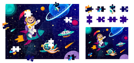 Poster - Cartoon alien, astronaut and space planets in jigsaw puzzle game, vector kids worksheet. Jigsaw puzzle to match and fit correct suitable pieces of picture with boy spaceman on rocket and UFO in galaxy