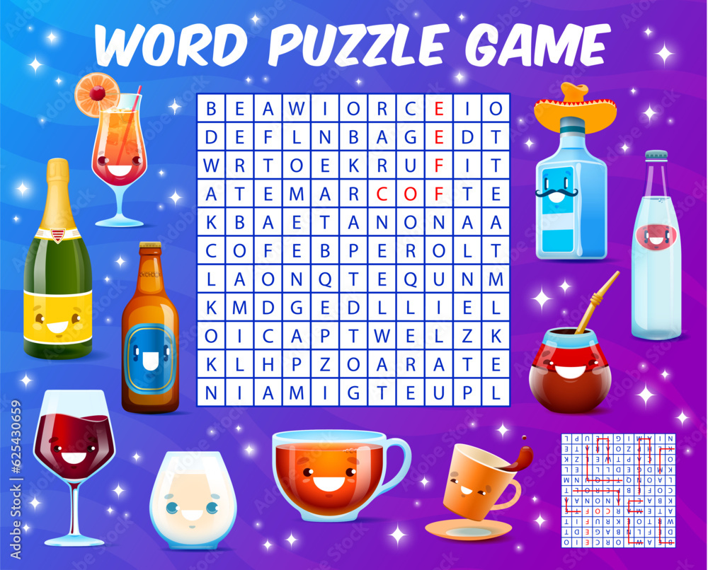 Vetor Word search puzzle game Cartoon drink and cocktail characters