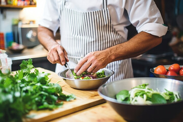 Wall Mural - Cropped image of hands preparing food on table. 