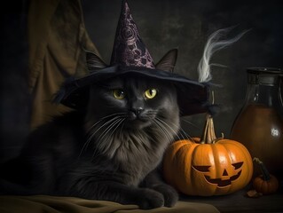 Black cat in witch hat with pumpkin