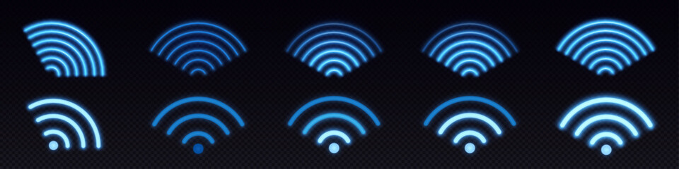Wall Mural - neon icons of wifi signal. circle symbol of sound wave, wireless internet or radio. abstract sign of