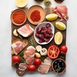 © Lupu - Overhead view of tapas ingredient placed randomly on cutting board