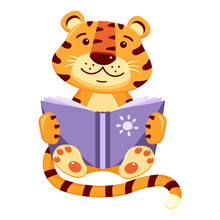 Cartoon Animal With A Book. Reading Cute Tiger Cub. Children Vector Illustration On Theme Of Learning