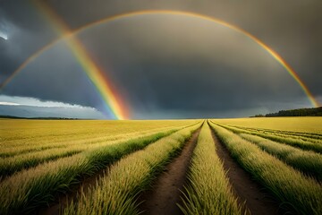  rainbow over the wheat field.generated Ai technology