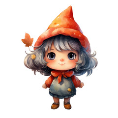 Watercolor of chubby cute gnome girl, halloween theme. Generative AI