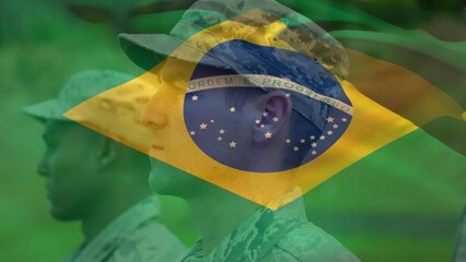 Sticker - Animation of flag of brazil over diverse soldiers